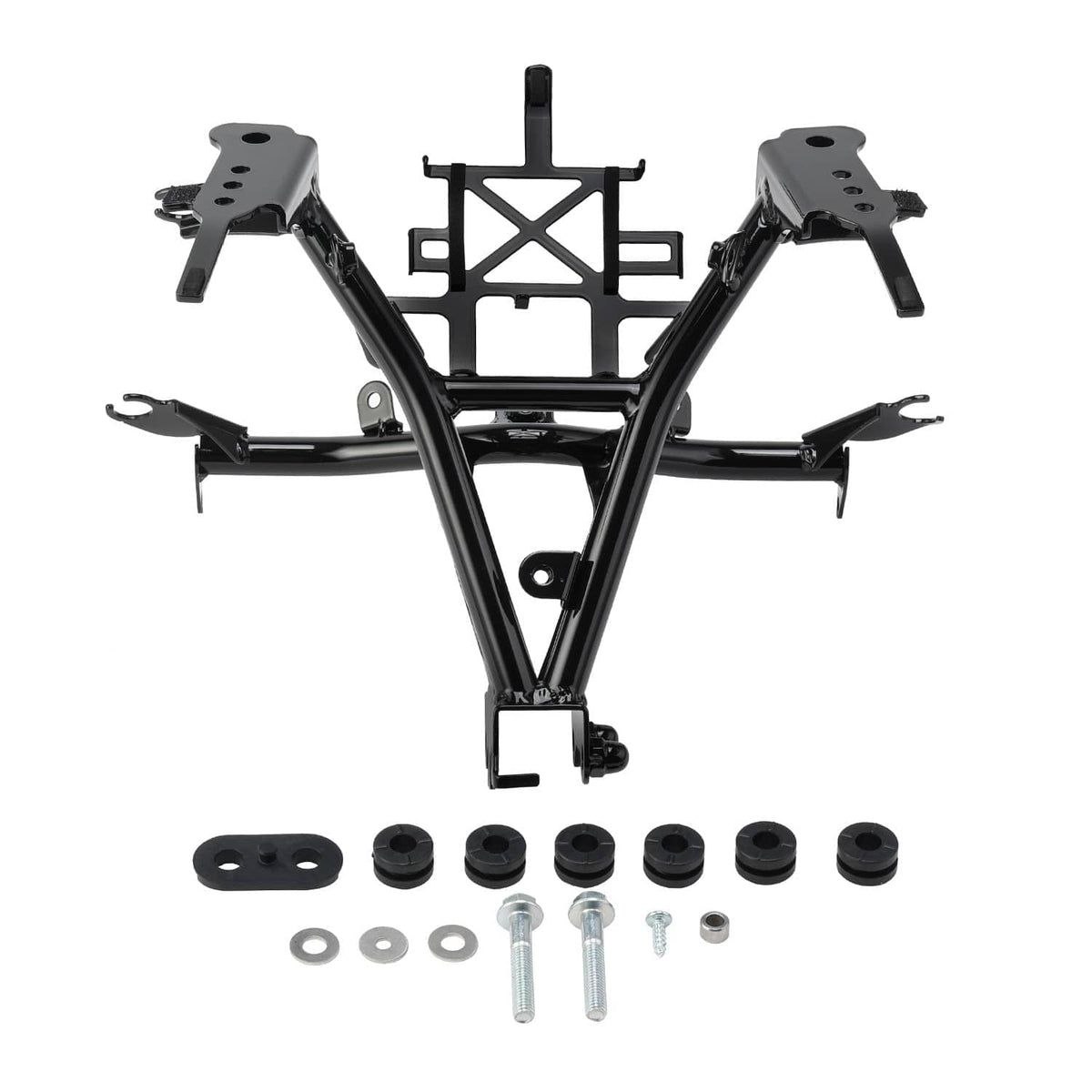 Black front headlight fairing stay bracket frame with side support mounts and bolts