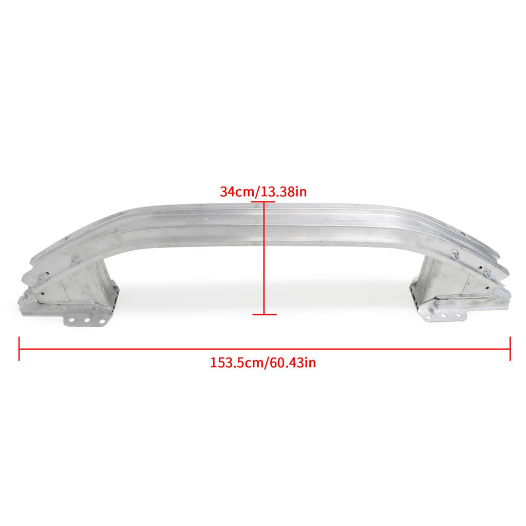 Front bumper reinforcement beam, arched metal bar with mounting brackets on both ends