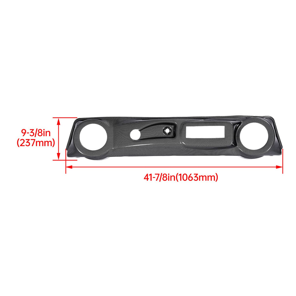 Golf cart dashboard cover, carbon fiber style black with dimensions and mounting holes