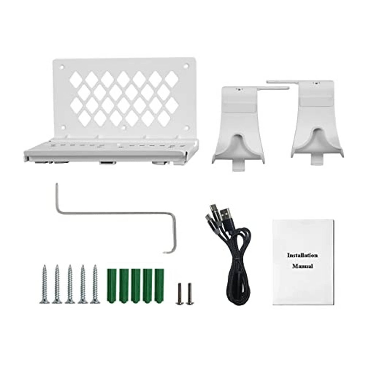 White wall mount kit parts: vented plate, brackets, screws, cables, manual
