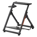 Foldable racing steering wheel stand with base and pedal deck, black steel frame