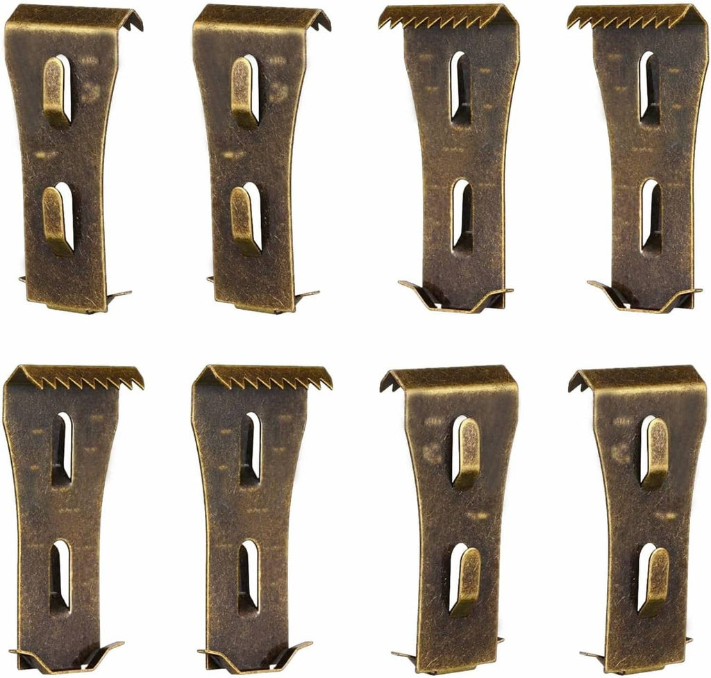 Set of 8 bronze metal brick clips with cutout openings for wall hanging