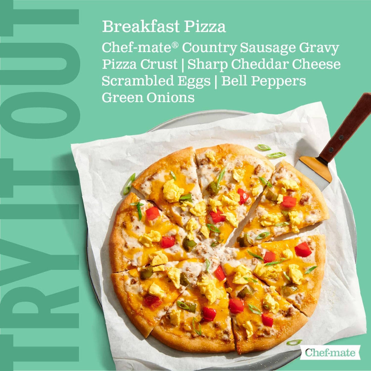 Breakfast pizza with creamy white sauce, diced vegetables, and herbs