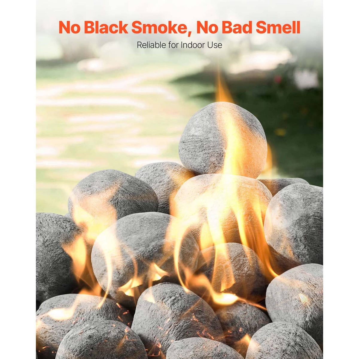 Grey ceramic fire pebble stones with visible flames rising from the pile.