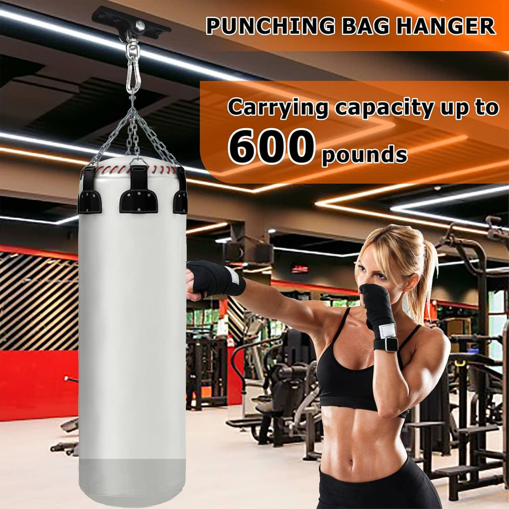 Matte black punching bag hanger with chain and bolt-mounting bar