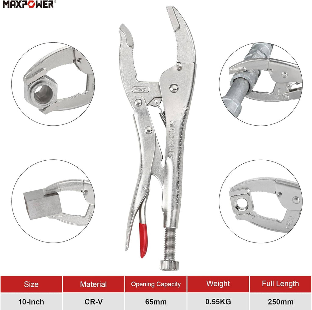 Curved jaw locking pliers showing adjustable joint and replaceable bolt area
