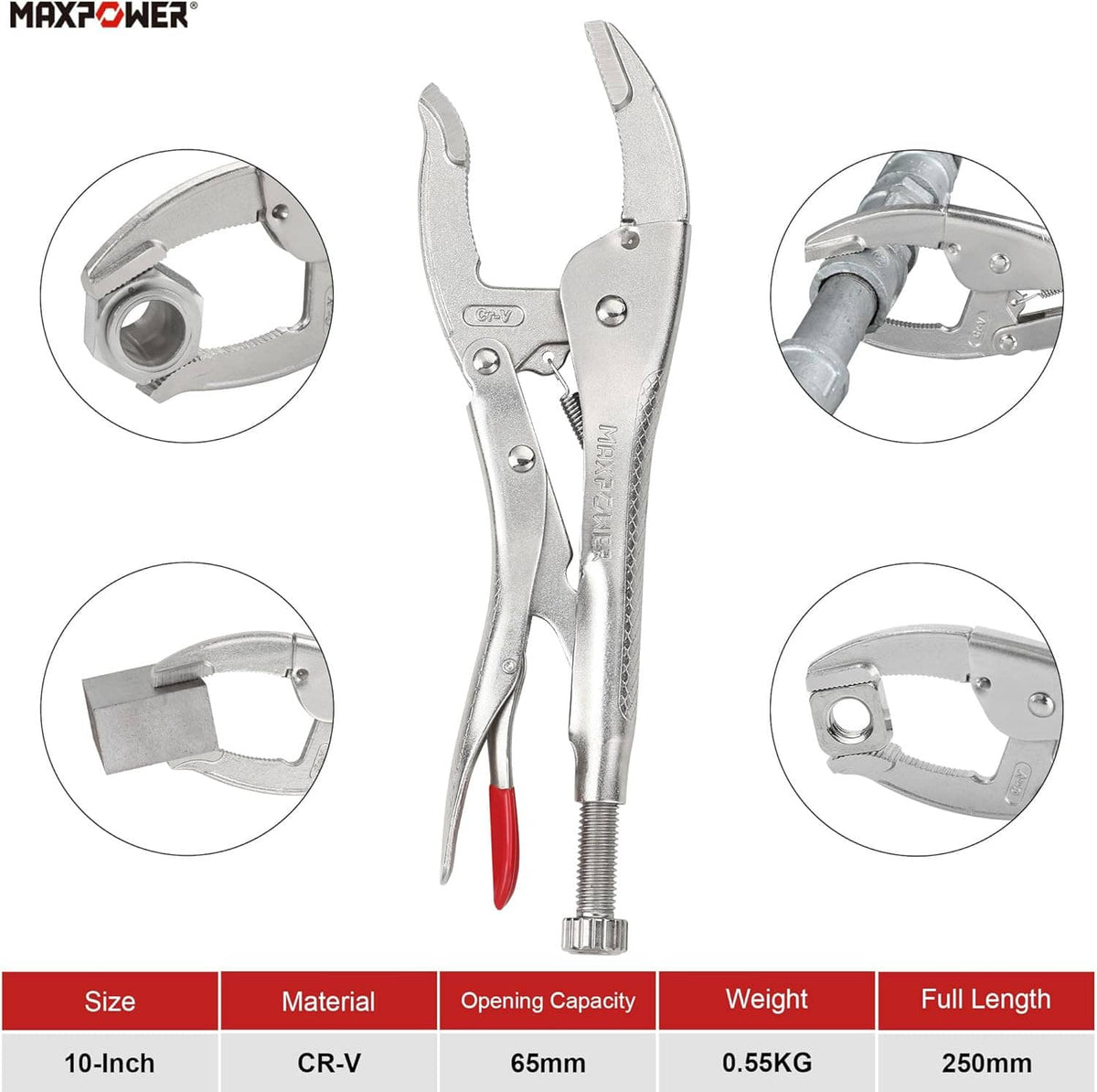 Curved jaw locking pliers showing adjustable joint and replaceable bolt area