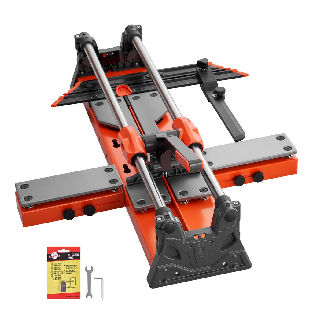 Manual tile cutter unit with included accessories box in white and orange