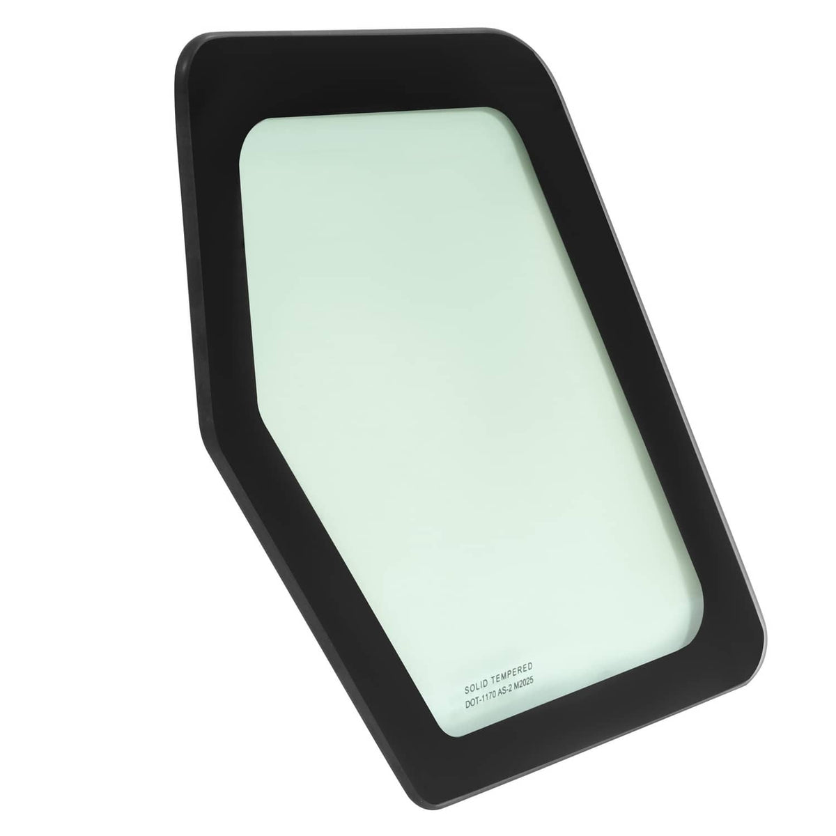 Rectangular cab window glass panel with black border and light green tint, angled view