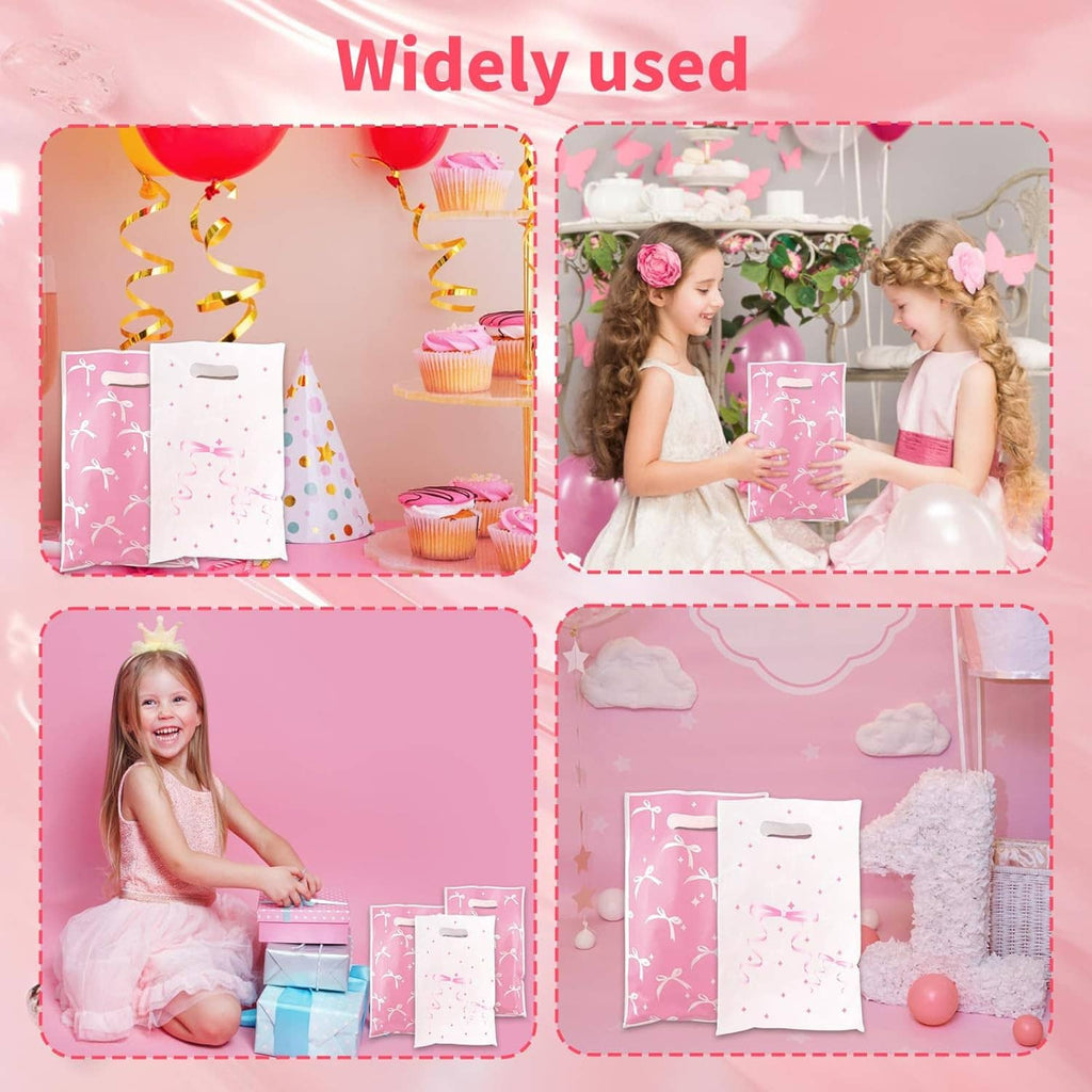 Multiple pink and white bow-pattern gift bags displayed for parties, each with handle