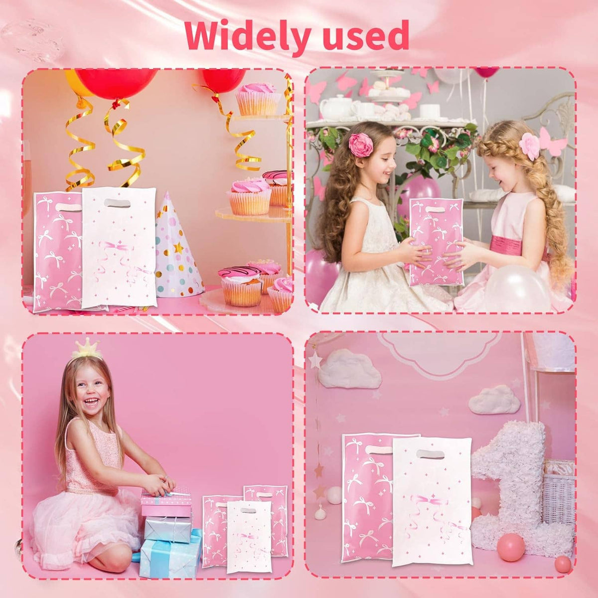 Multiple pink and white bow-pattern gift bags displayed for parties, each with handle