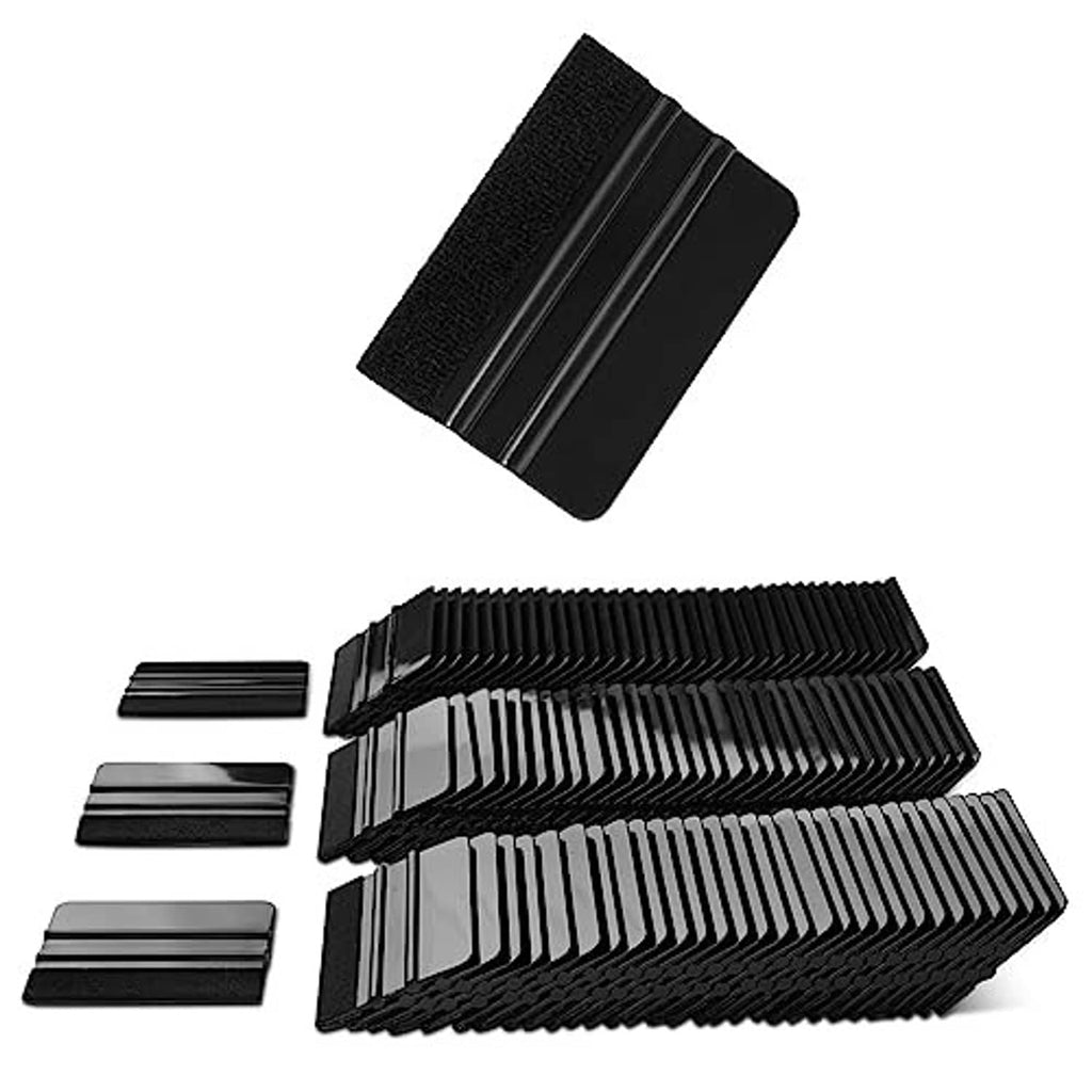 Black ribbed felt squeegee set with flexible plastic scraper blades for vinyl.