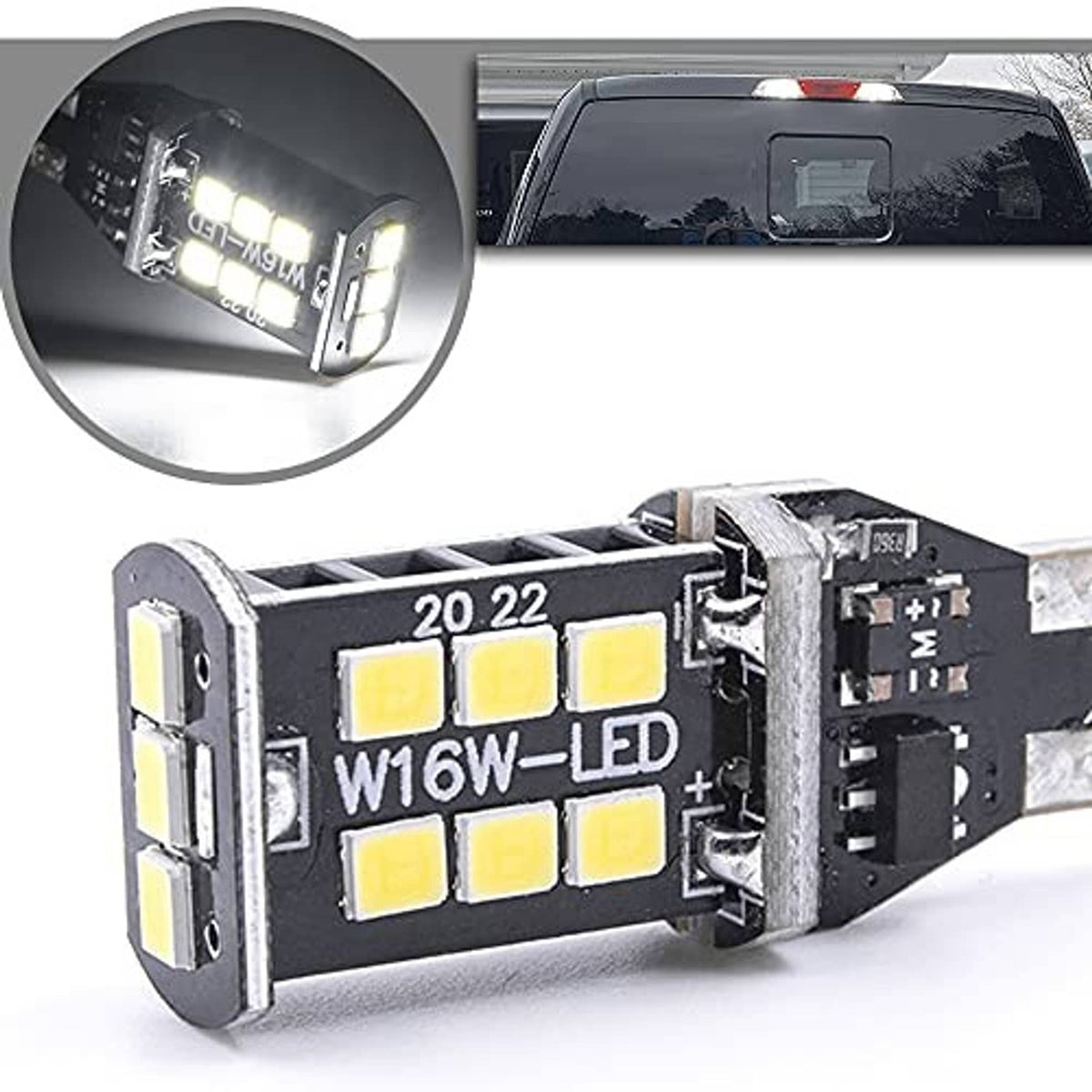 LED third brake light replacement module with multi-LED array, black base and silver pins