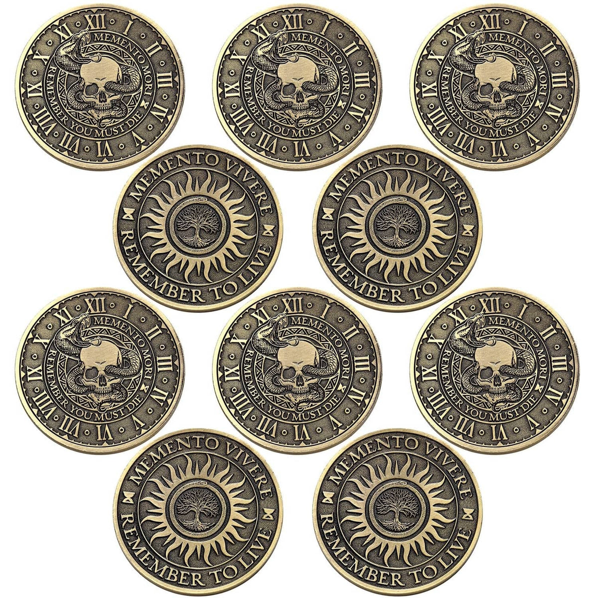Copper memento mori coin set with skull and winged designs, multiple coins