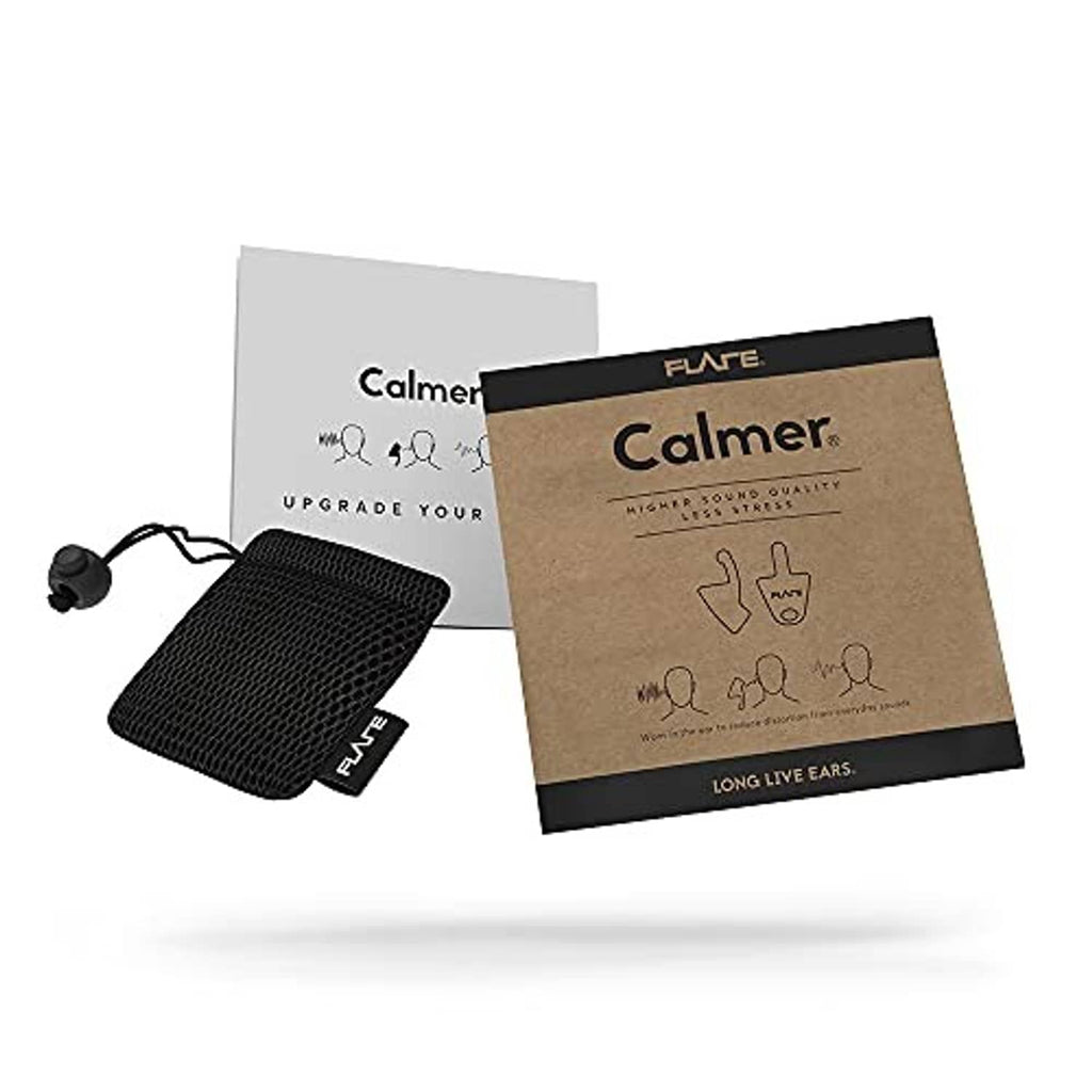 Calmer FLARE earplug package set with black pouch and instruction cards