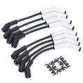 Spark plug wire set with black wires and white ceramic boots, plus terminal clips
