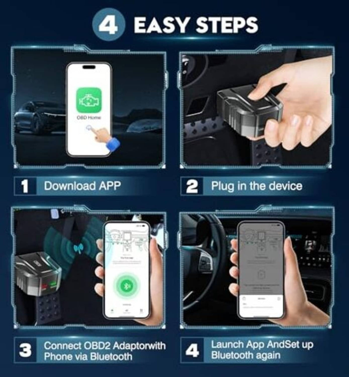 OBD2 Bluetooth scanner and smartphone setup steps kit, showing app connection on screen