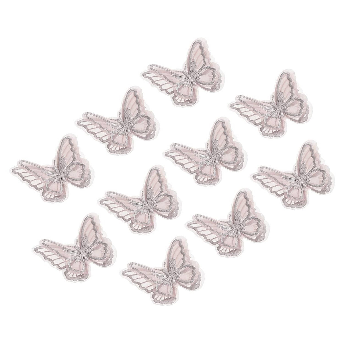 Set of 10 embroidered butterfly appliques in light coffee and silver tones