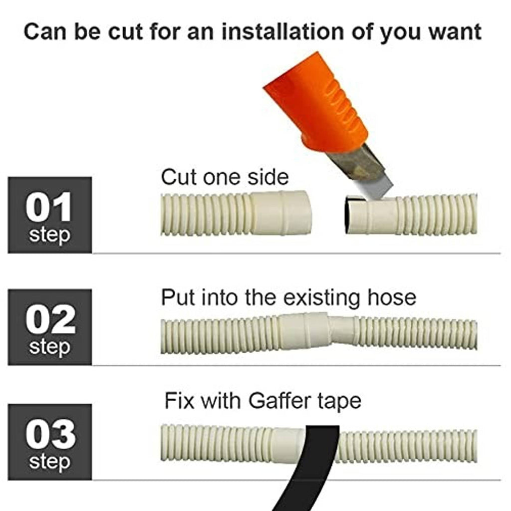 Mini split drain hose cutting and installation steps with connector and tape shown