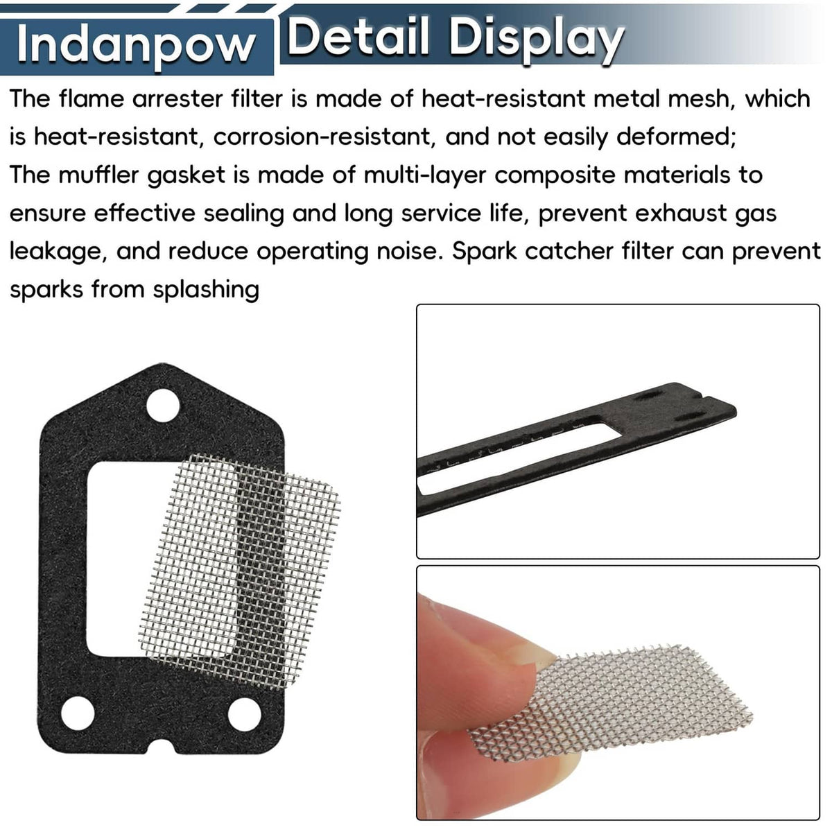 Spark arrestor mesh filter and two black muffler gaskets with mounting holes