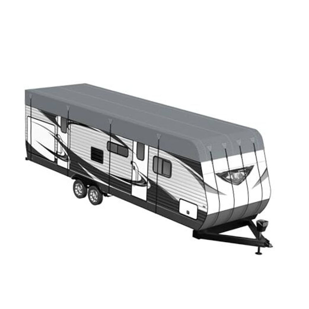 Grey RV roof cover fitted over a travel trailer, full-length coverage for protection.