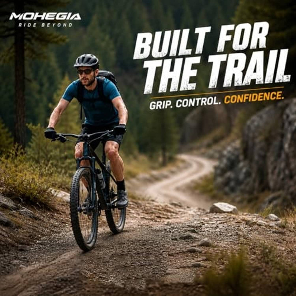 Mountain bike tire set promotional image with two black knobby tires