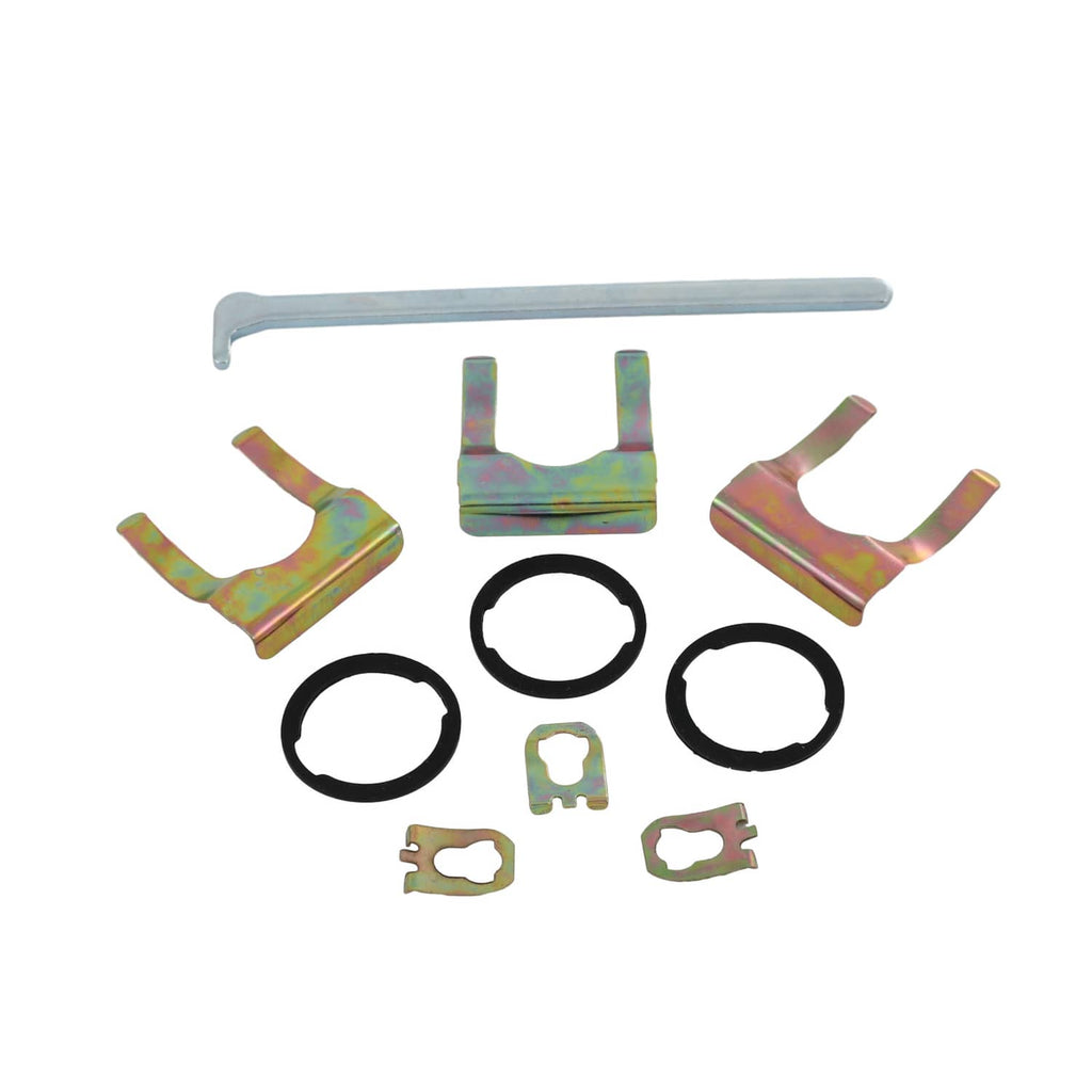 Lock cylinder set parts with three U-brackets, three black rings, and small mounting pieces