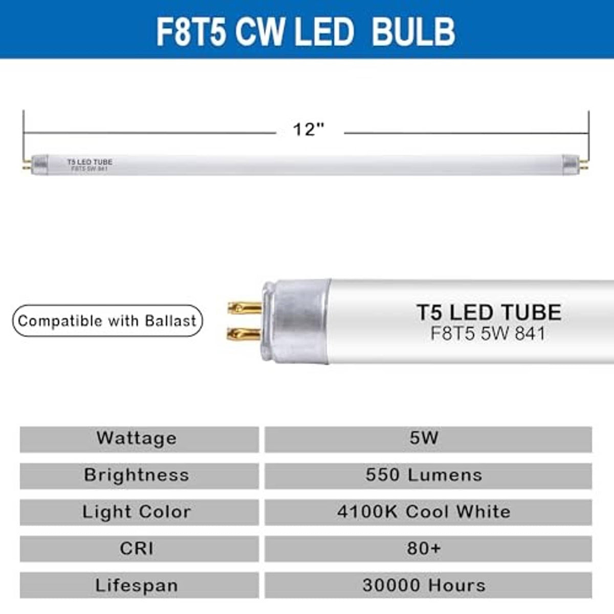 12 in T5 LED tube with gold pin base, frosted white tube, cool white light