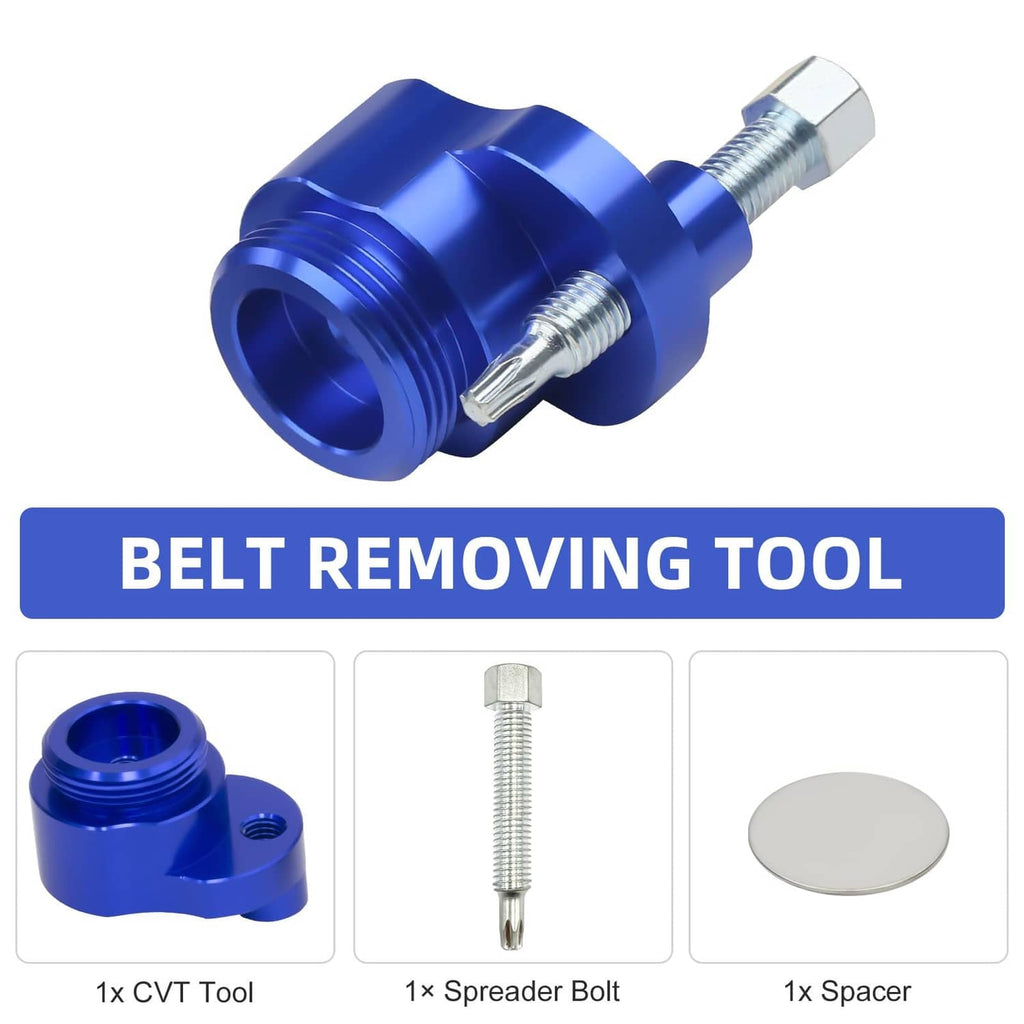 Blue belt removing tool with threaded spreader bolt and spacer piece