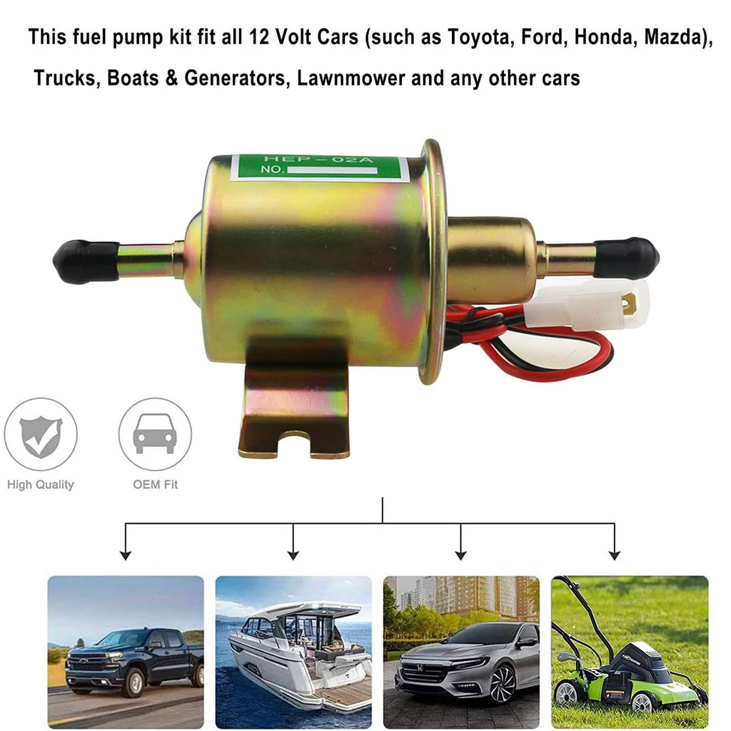 12V inline electric fuel pump with brass housing and attached red/black wiring harness