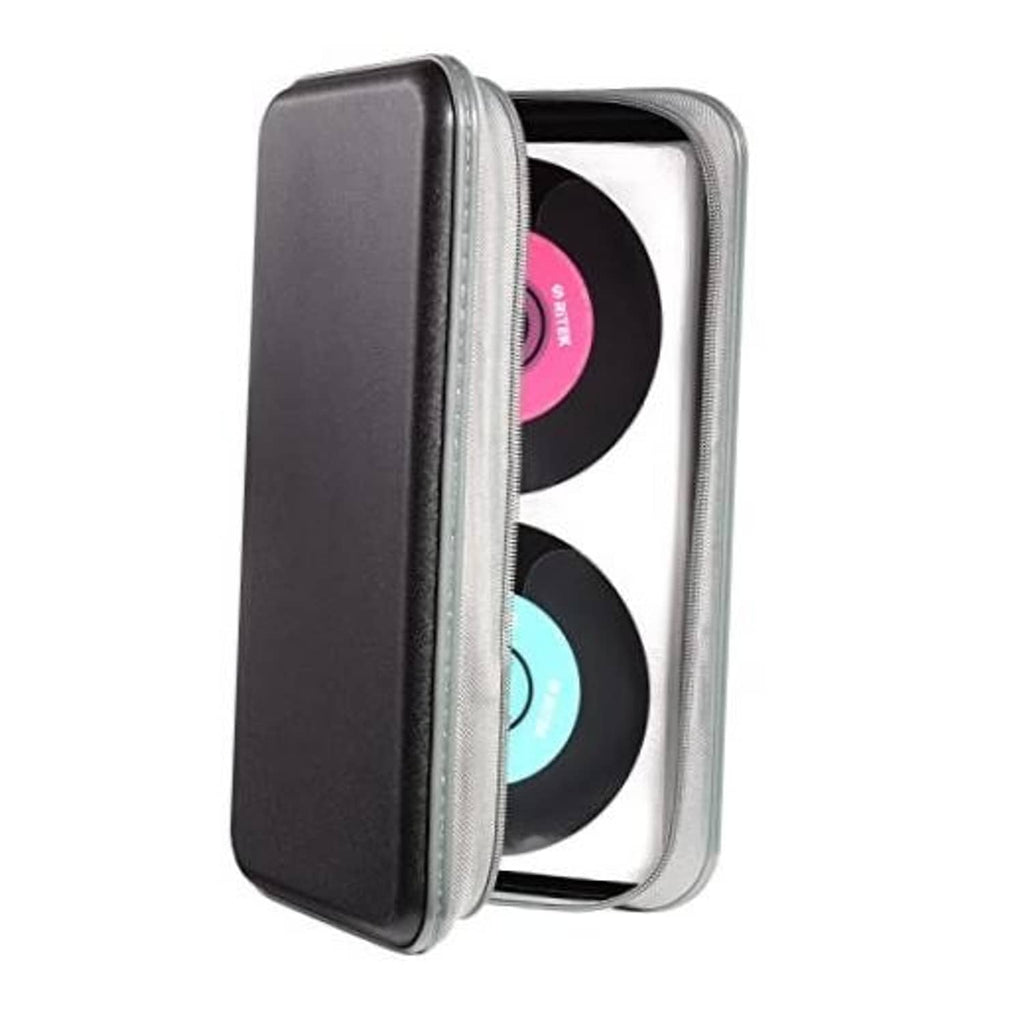 Black hard plastic CD storage wallet, partially open with two discs in sleeves