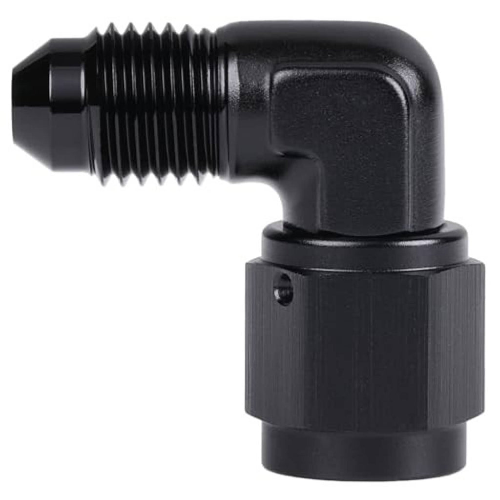 Black 90-degree AN swivel elbow fitting with external threads and knurled collar
