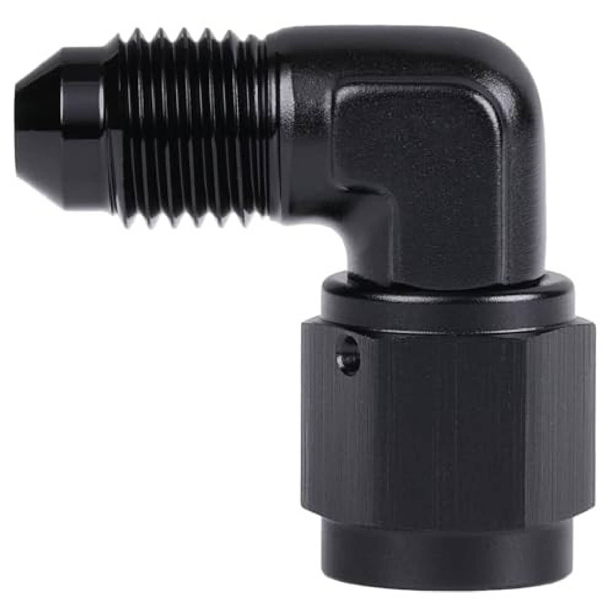 Black 90-degree AN swivel elbow fitting with external threads and knurled collar