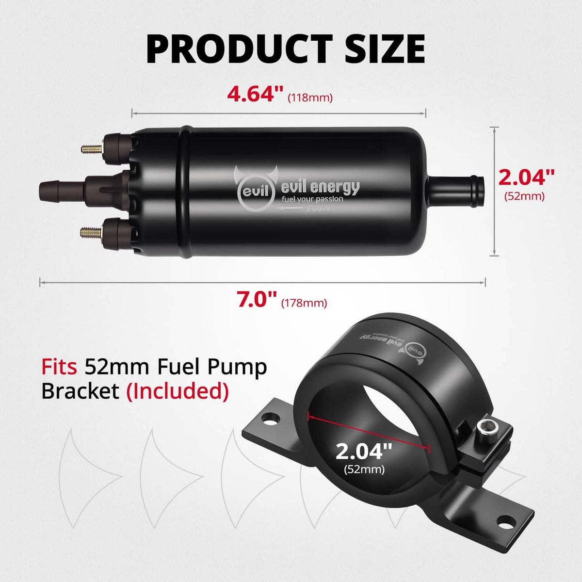 Black inline electric fuel pump with U-mount bracket, push-on ports
