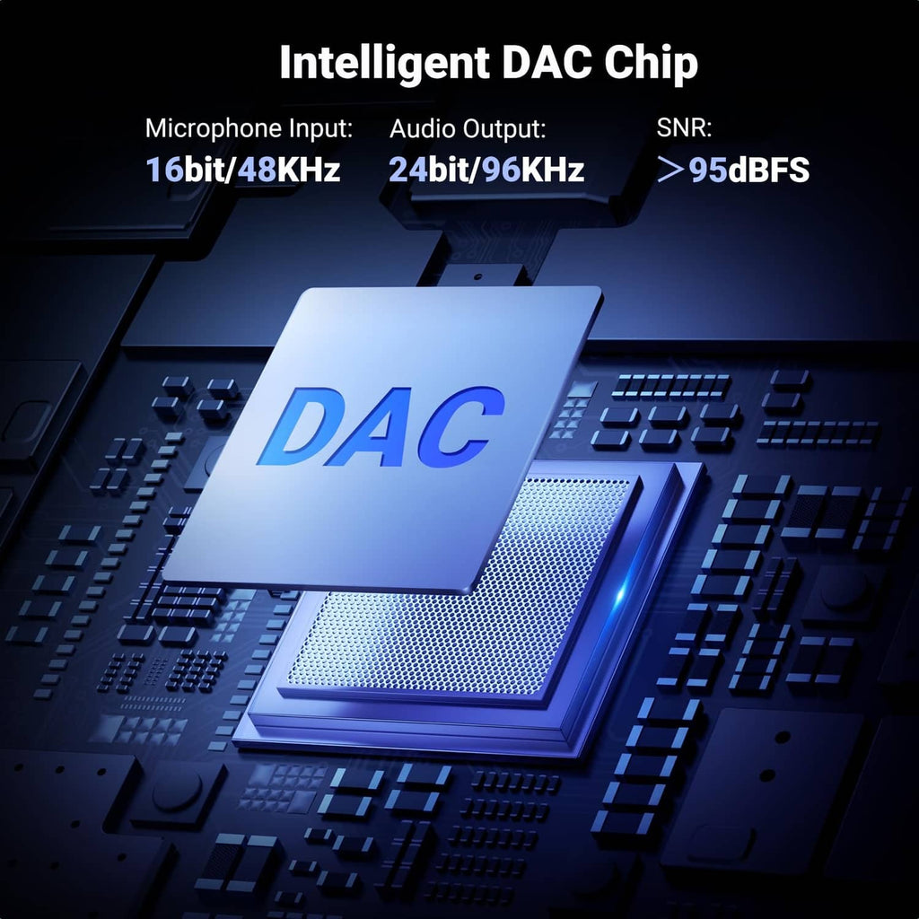 DAC chip design for USB-C to 3.5mm audio adapter, blue electronic circuit