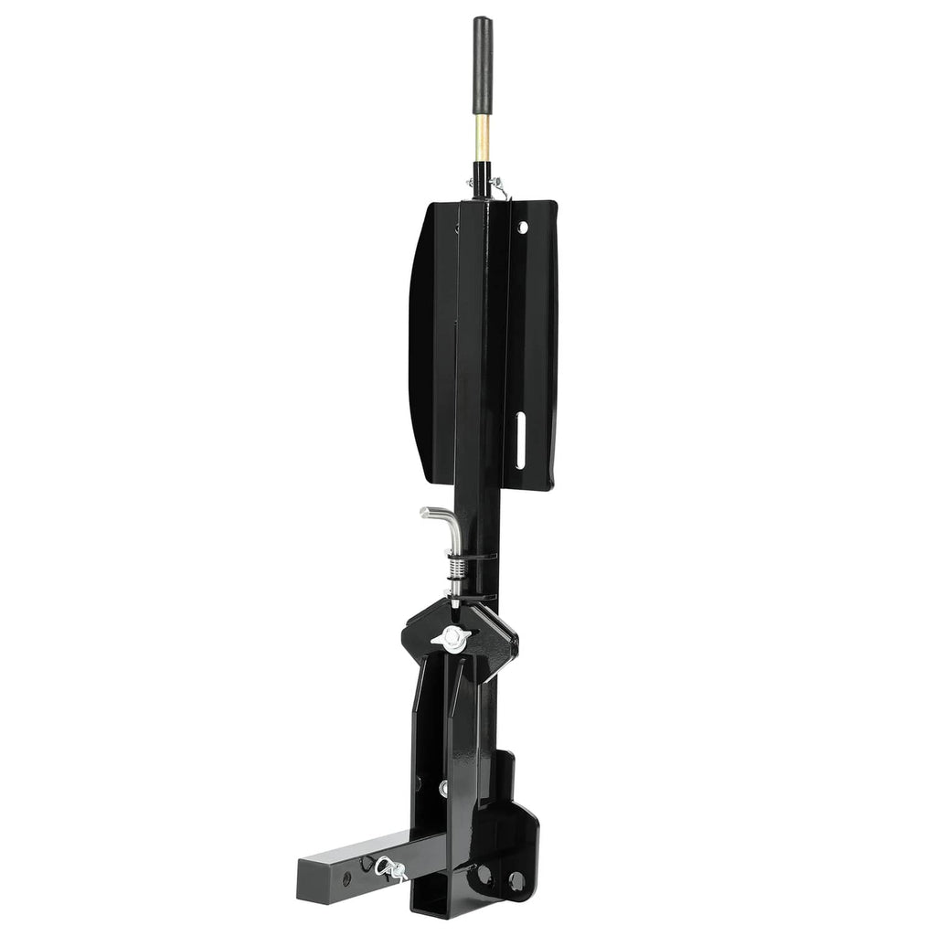 Black spare tire carrier with vertical post, side braces, and base mounting plate