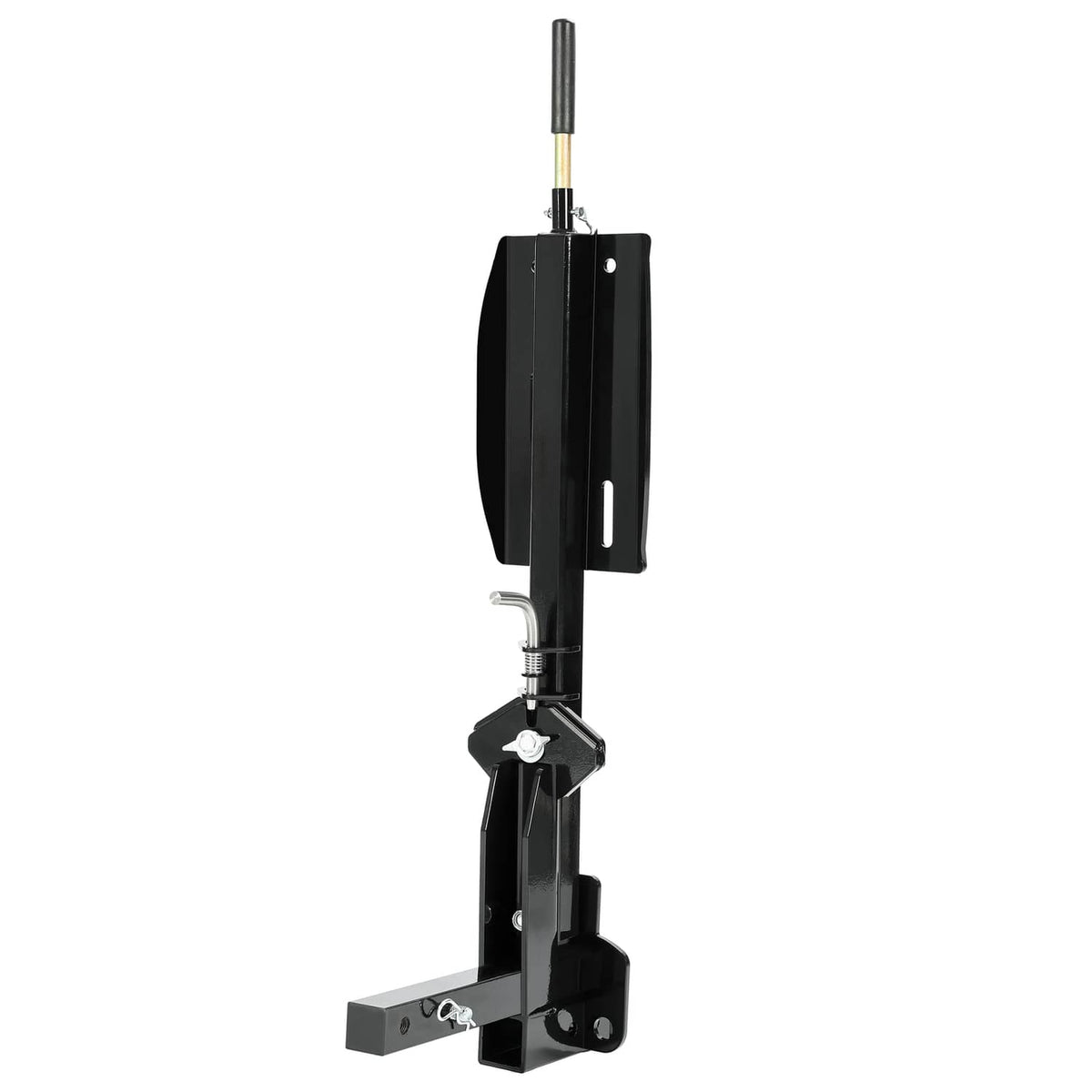 Black spare tire carrier with vertical post, side braces, and base mounting plate