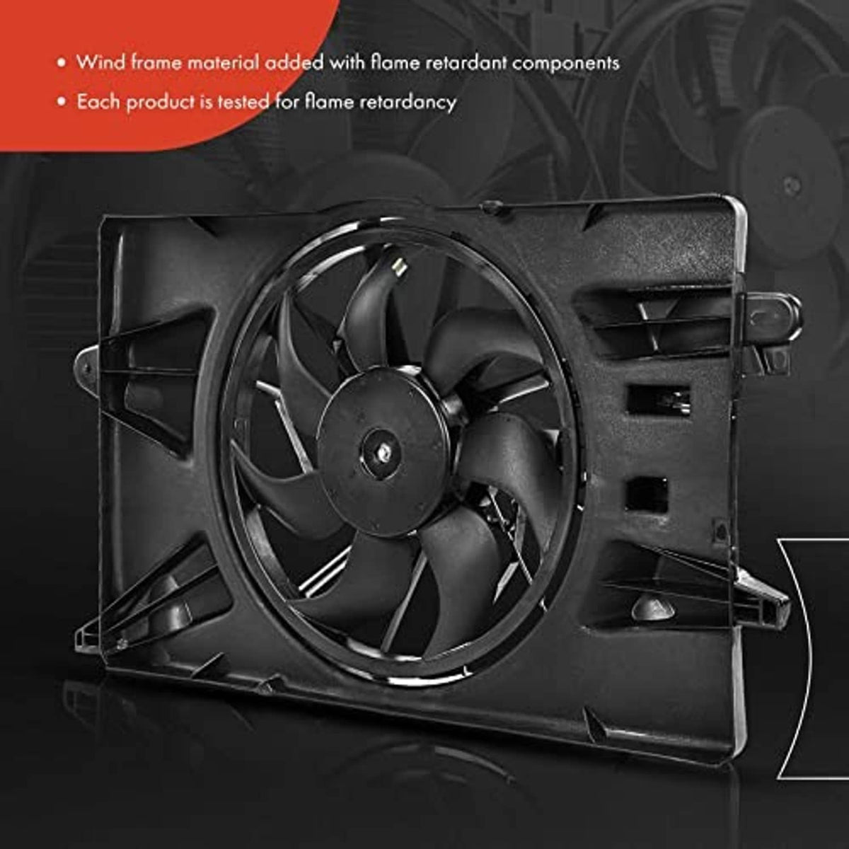 Black radiator cooling fan with four-blade wheel and plastic shroud housing