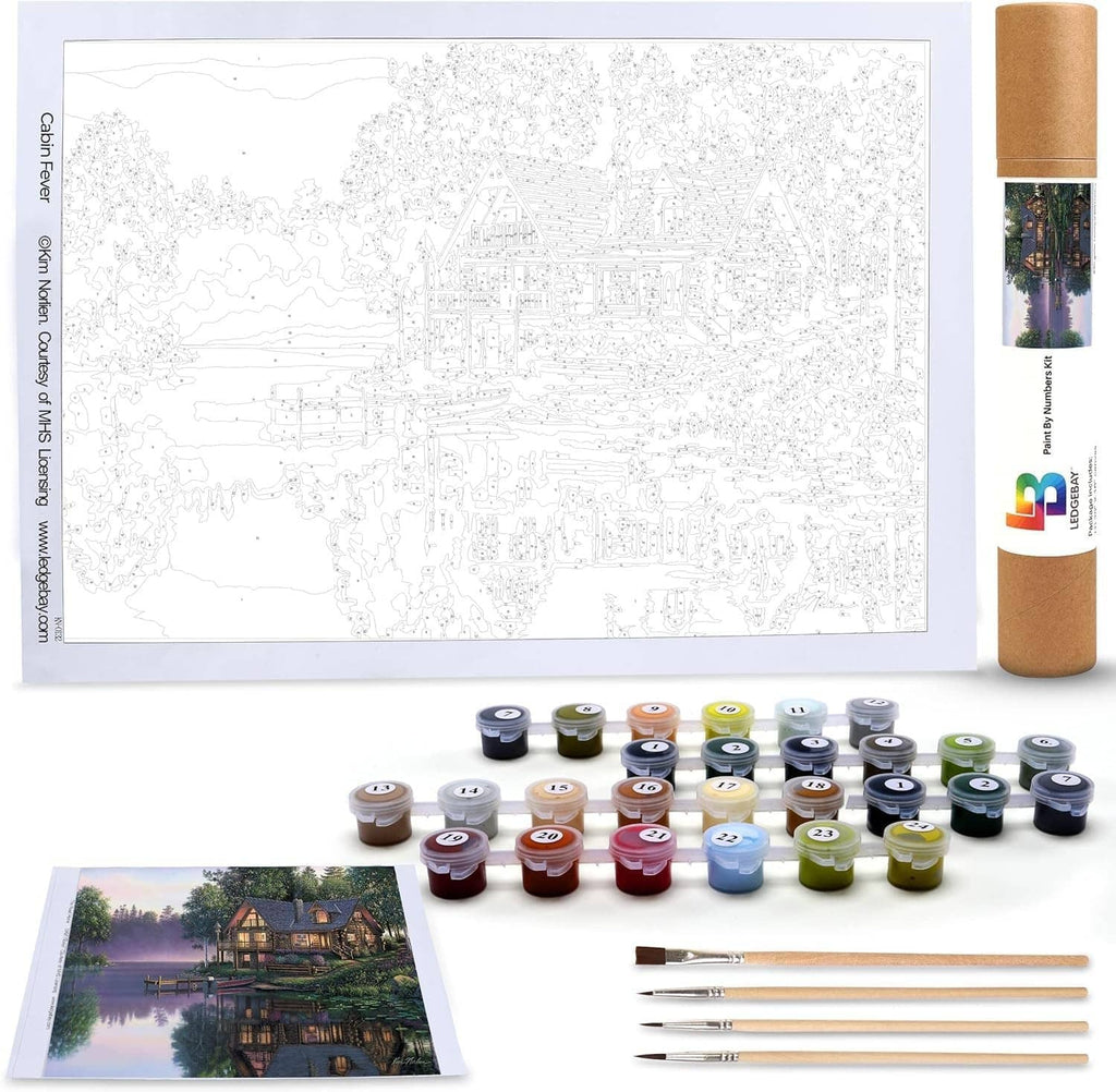 Paint by number kit with rolled linen canvas, acrylic paint pots, and paint brushes