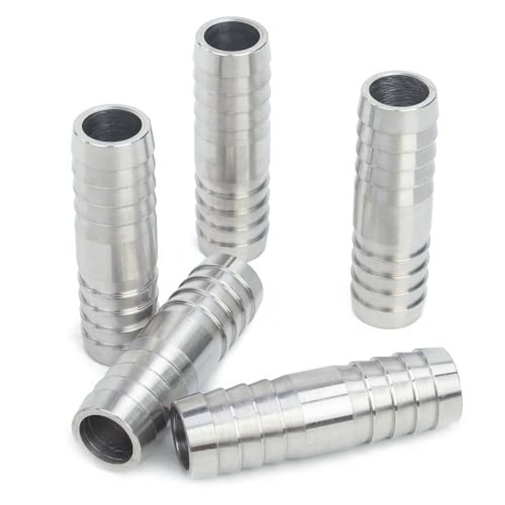 Stainless steel barbed hose splicer mender fitting shown with connected barbed ends