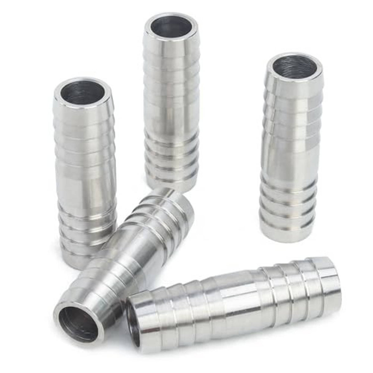 Stainless steel barbed hose splicer mender fitting shown with connected barbed ends