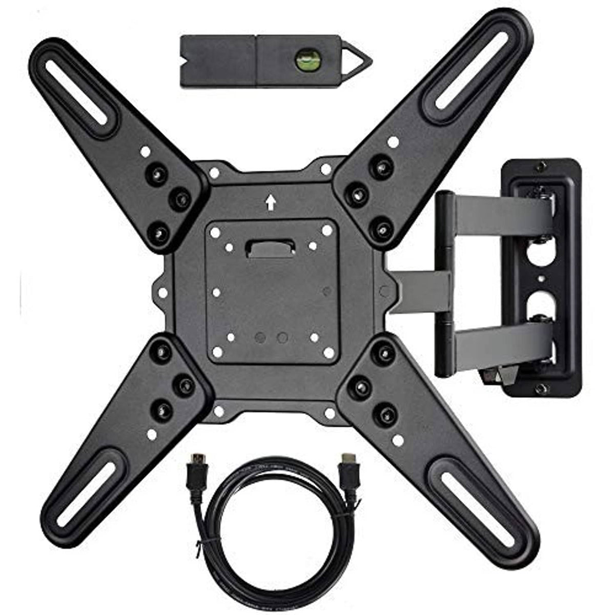 TV wall mount bracket kit with adjustable arms, mounting plate, and mounting hardware