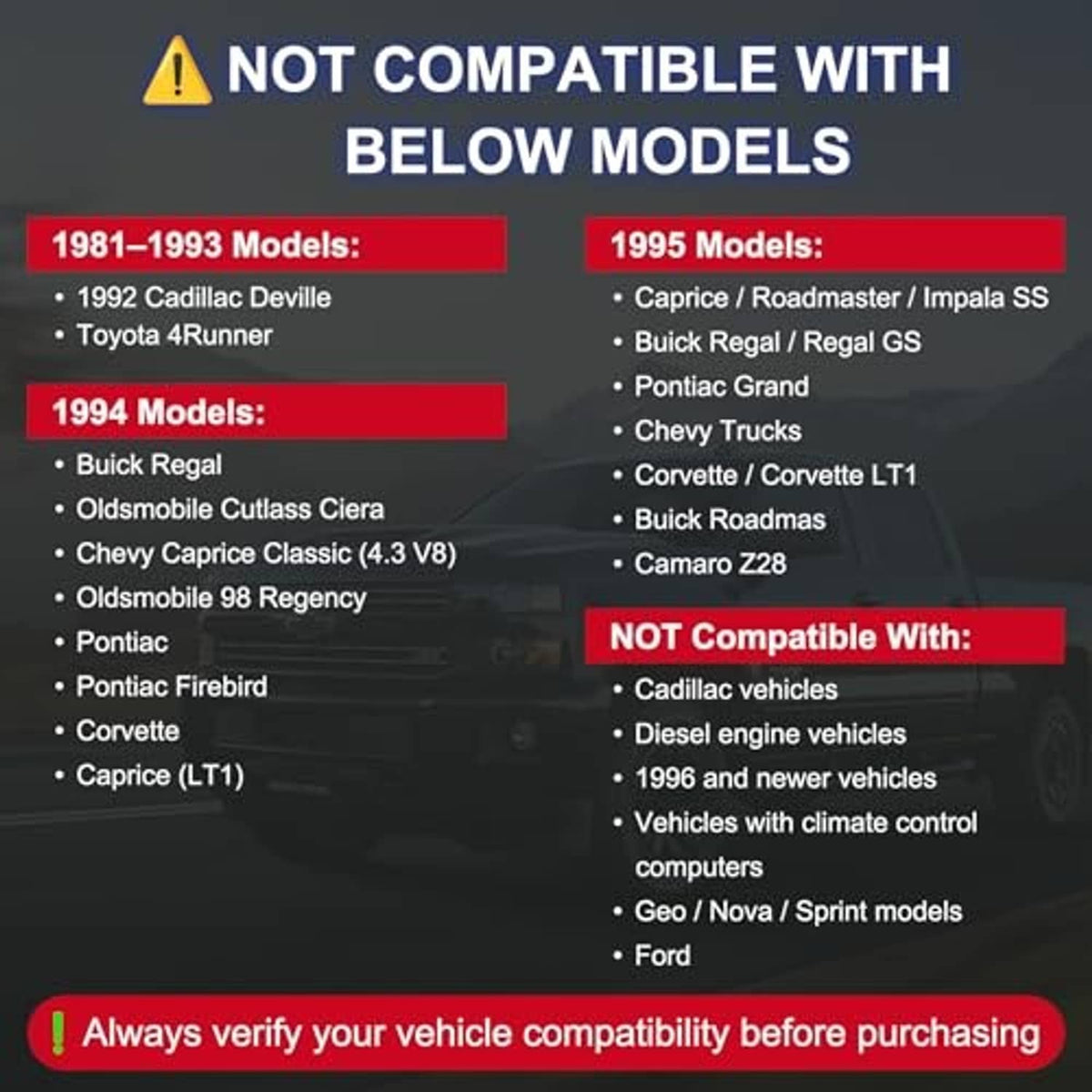 Compatibility information graphic for OBD1 code reader, red and black model list