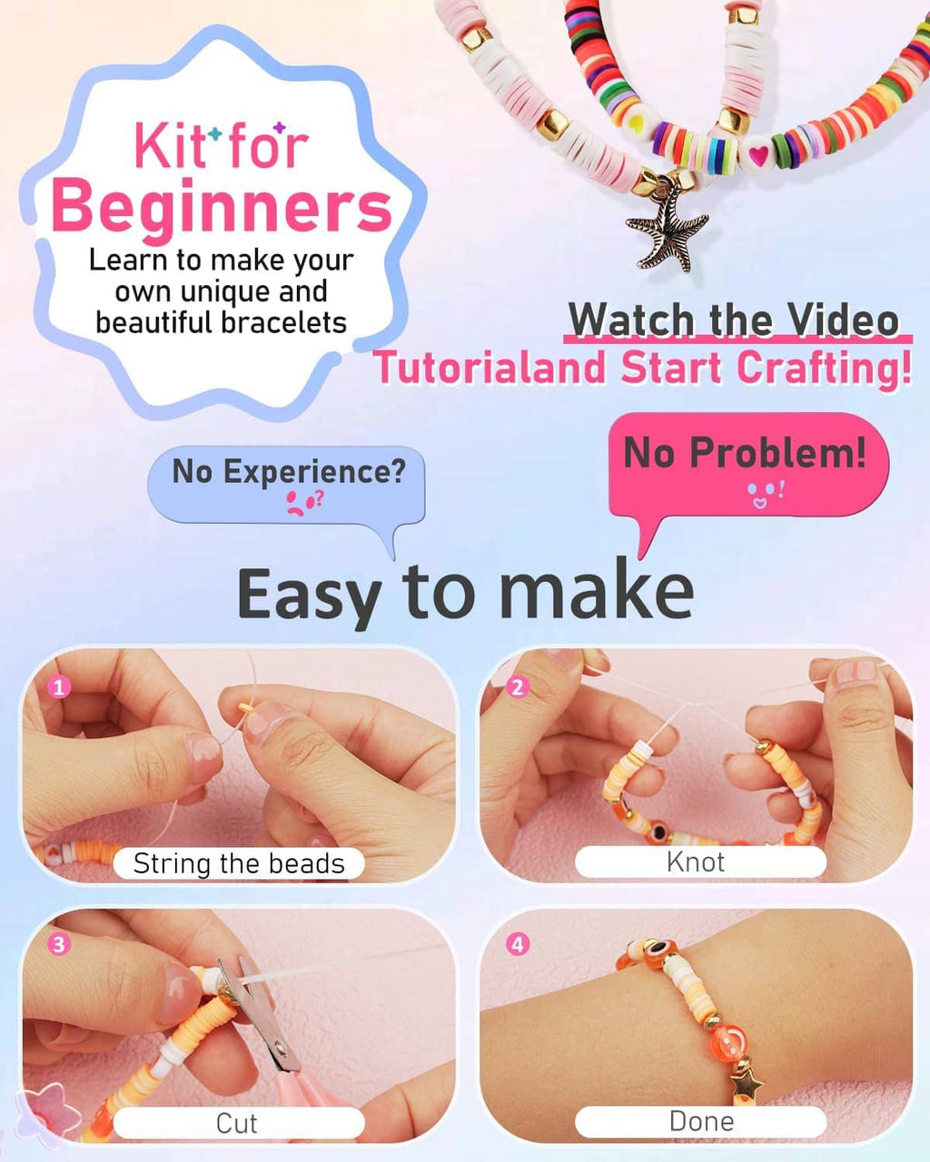 Bracelet-making instruction card with hands knotting and finishing a beaded bracelet