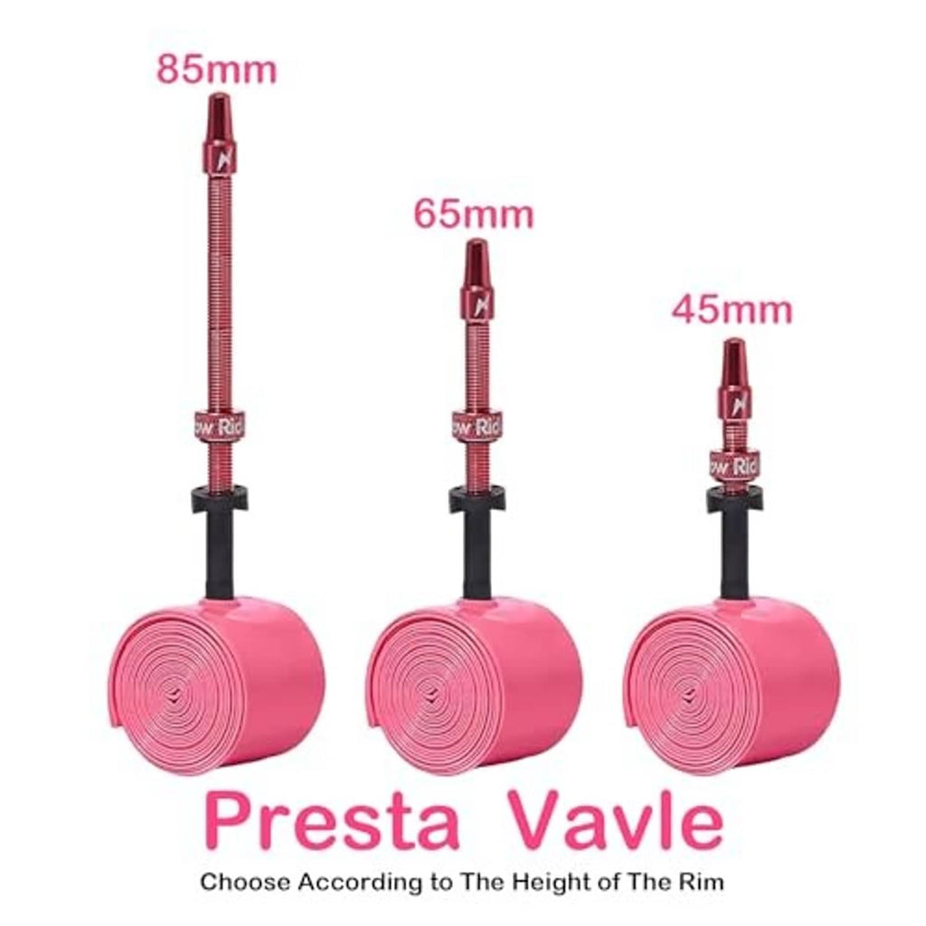 Presta valve height options: 85mm, 65mm, and 45mm with red inner tube rolls