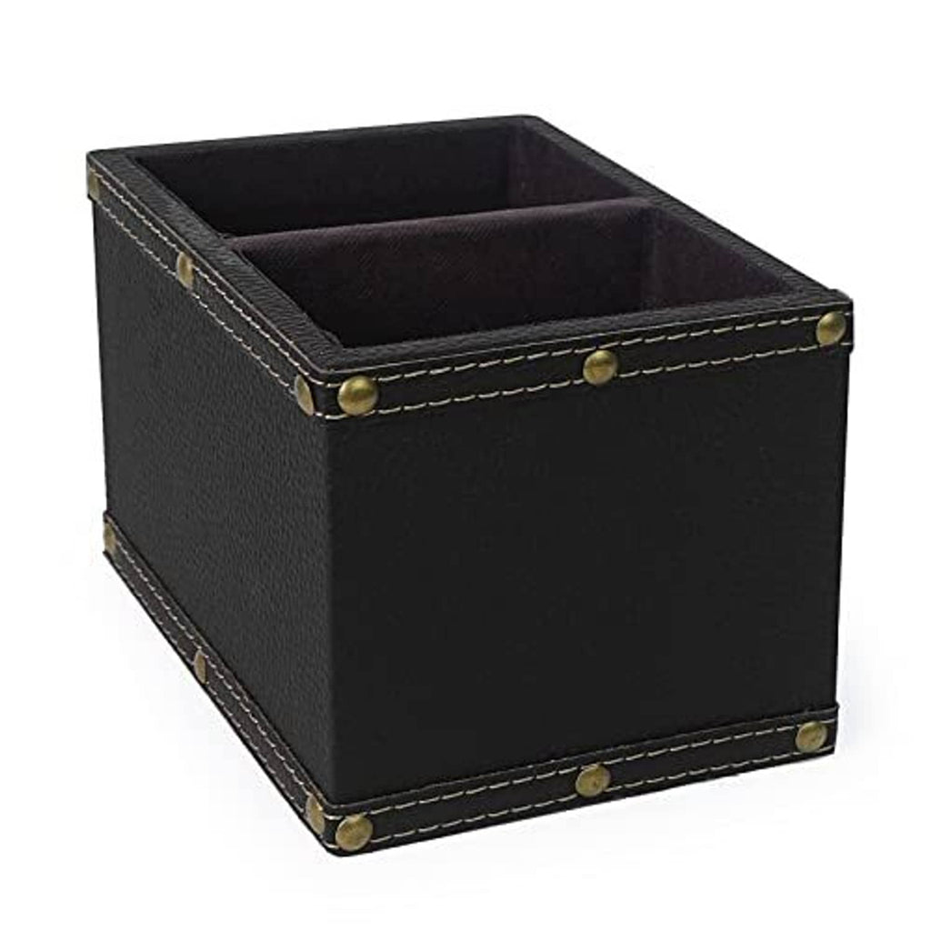 Black leather remote holder with open top and center divider, brass corner studs