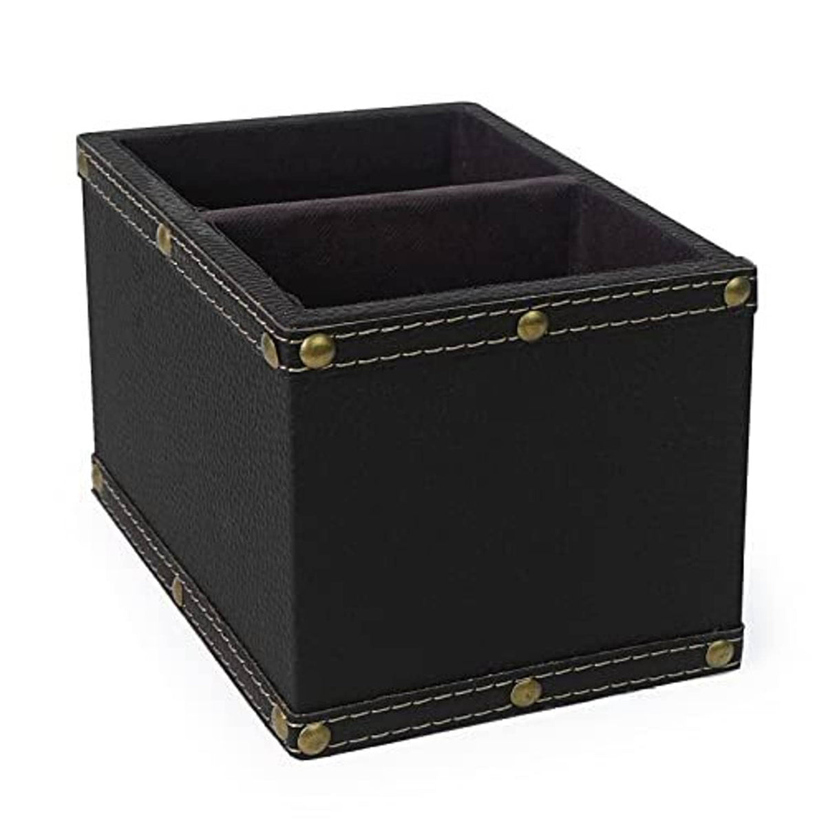 Black leather remote holder with open top and center divider, brass corner studs