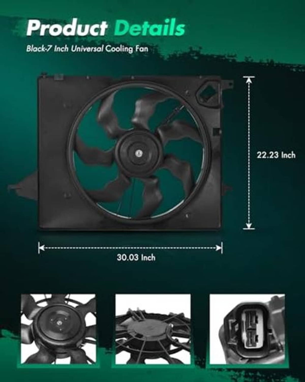 Electric radiator cooling fan with black housing and multi-blade propeller plus size callouts