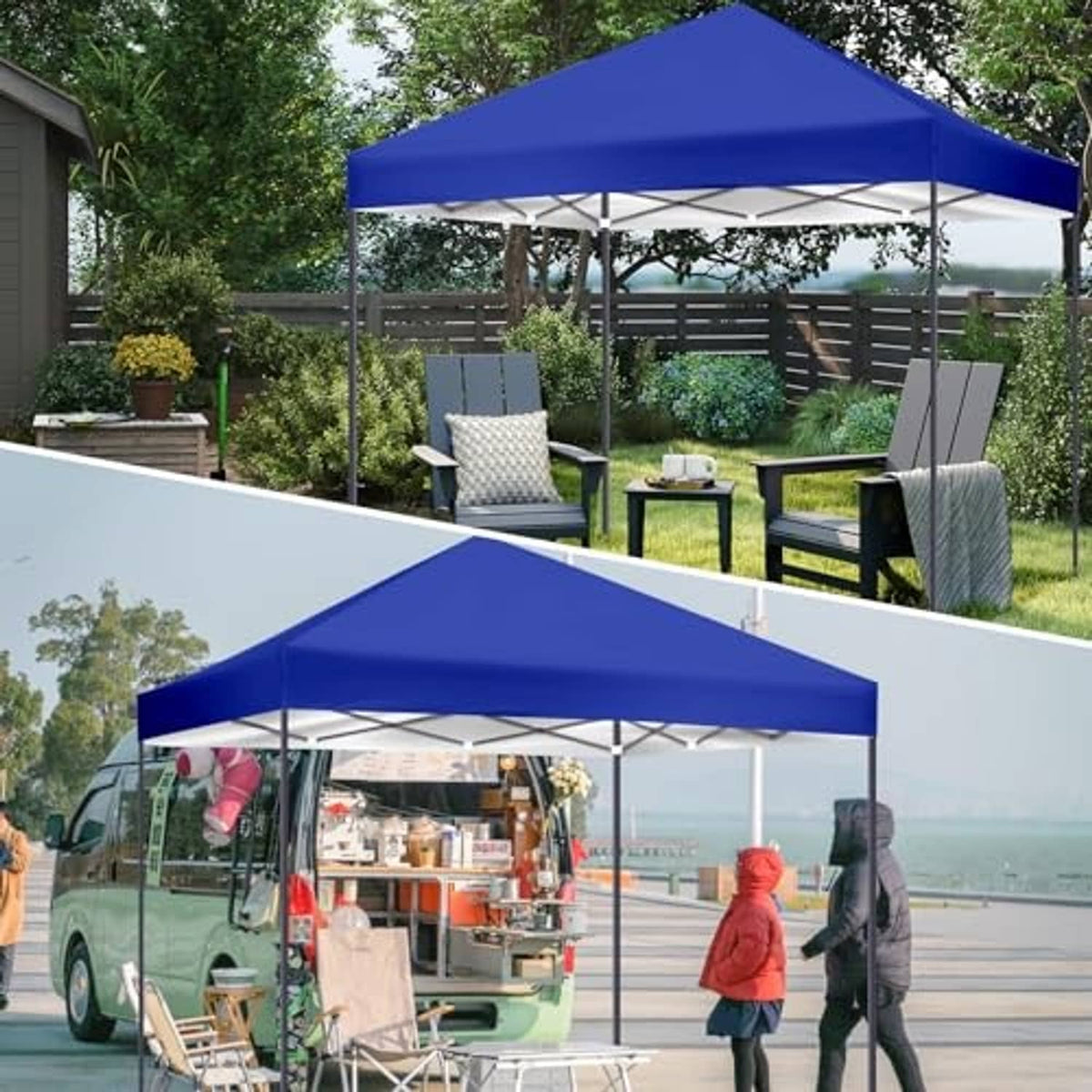 Blue canopy top cover with peaked roof, installed with metal legs
