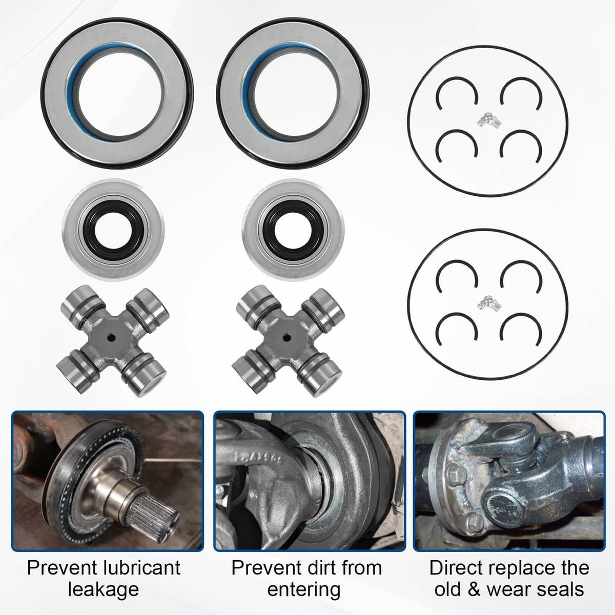 Front axle seal kit with two outer tube seals, two inner knuckle seals, and two U-joints